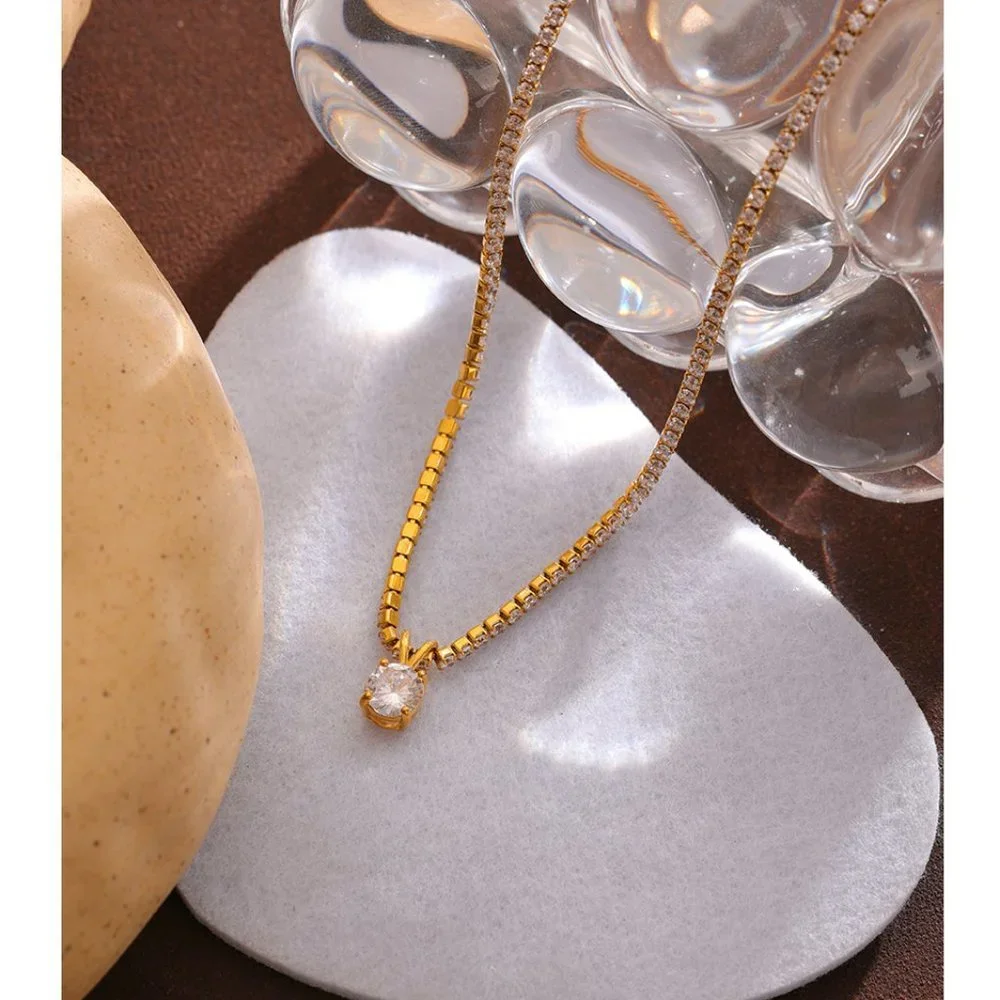 ^NEW 18K Gold Plated 2CT Solitaire Diamond Round Diamond Chain Necklace